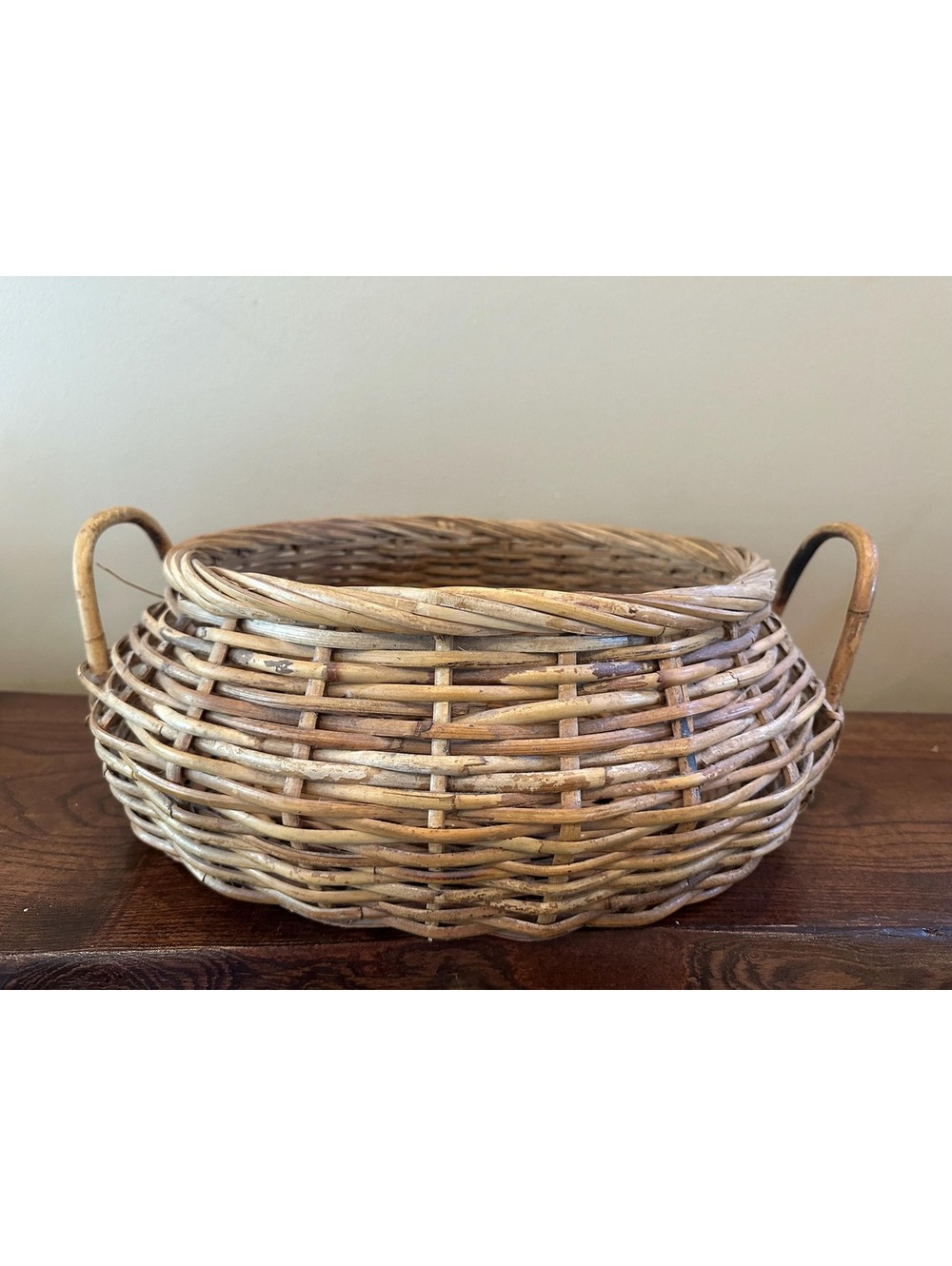Vintage Hand Woven Wicker Rattan Basket with Bamboo Handles Philippines